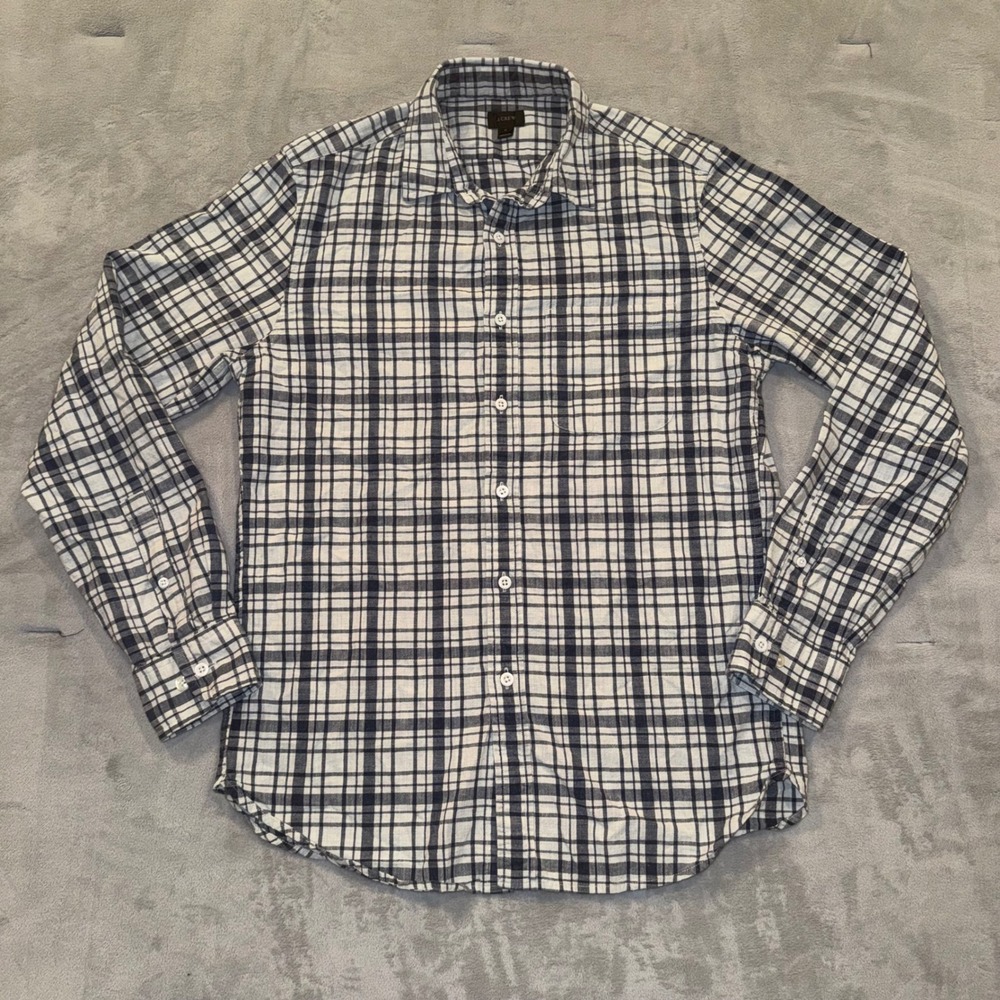 J.Crew Mens Small Navy Blue White Plaid Long Sleeve Button Down Shirt‎ S